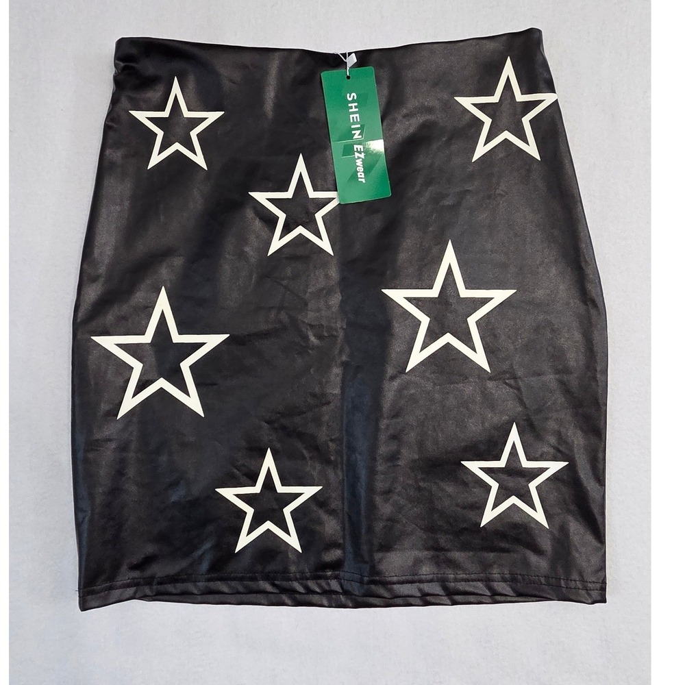 SHEIN EZwear Star Print Mini Skirt Size 6 Black Faux Leather Y2K Edgy Streetwear